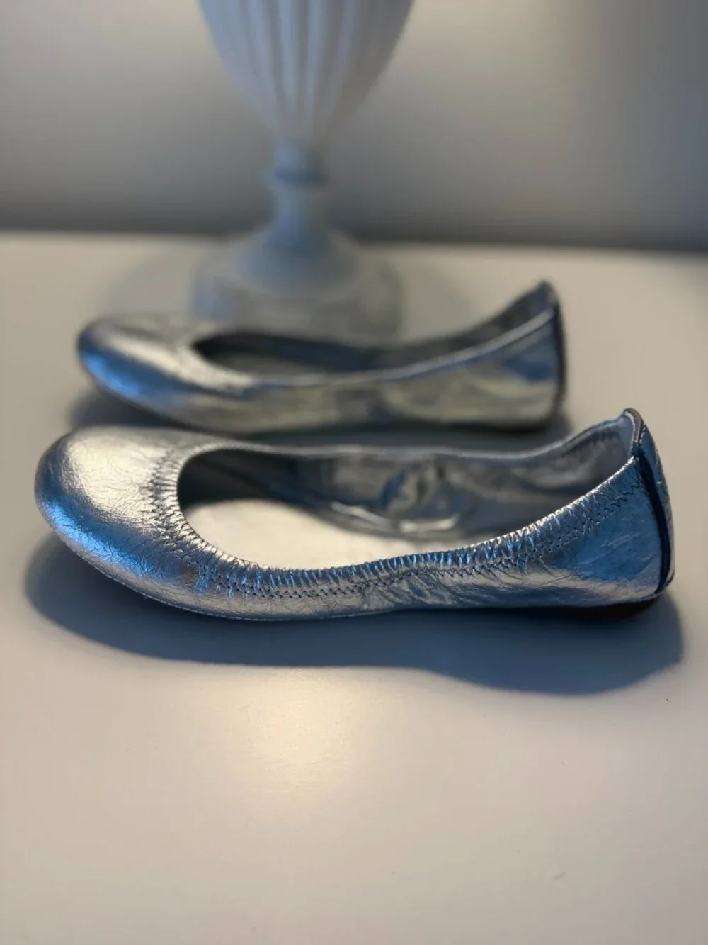 Tory Burch Metallic Silver Leather Ballet Flats Size 7 | Designer Slip-On Shoes